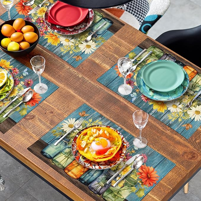 Rustic Daisy Placemats Set of 4 Vintage Flower Vases Wood Grain Linen Table Mats 12x18 Inch Summer Floral Wooden Board Farmhouse Washable Place Mat for Party Kitchen Dining Outdoor Indoor Decor