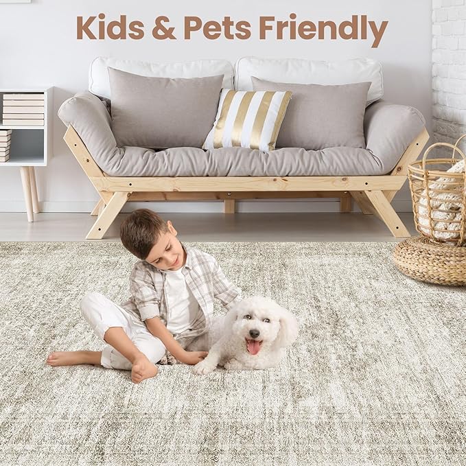 Washable Area Rugs for Living Room -7x9 Neutral Vintage Distressed Floral Farmhouse Boho Large Soft Floor Rug Indoor Non Slip Carpet for Living Room Bedroom Dining Room Office-Beige