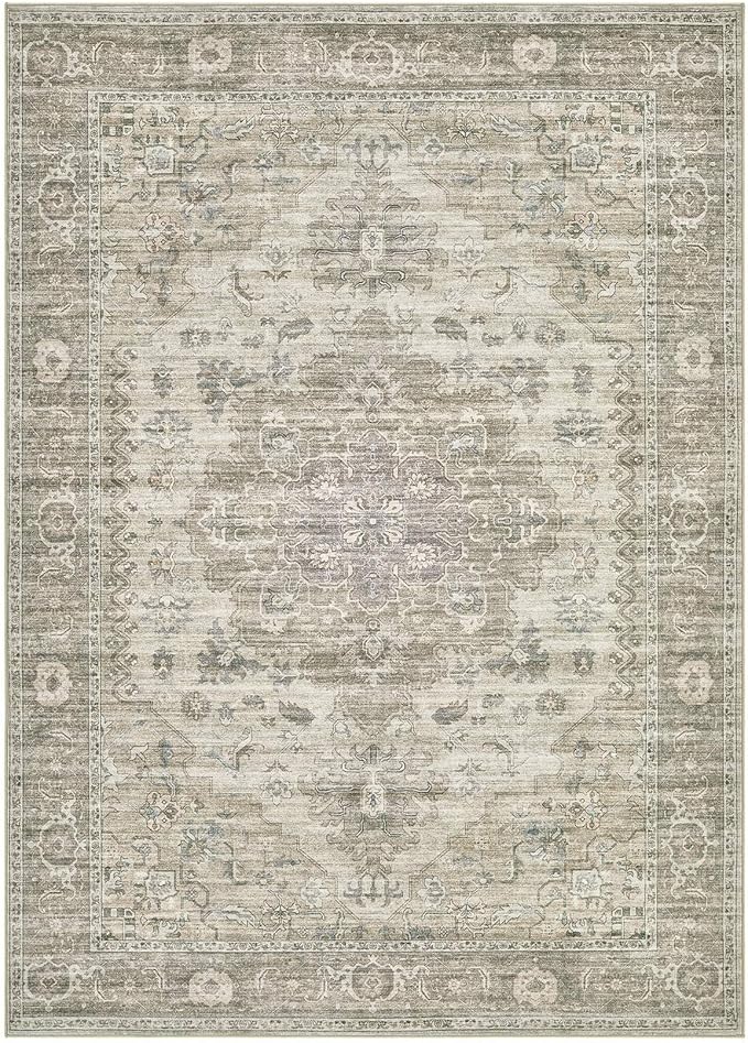 Washable Area Rugs for Living Room -9x12 Neutral Vintage Distressed Floral Farmhouse Boho Large Soft Floor Rug Indoor Non Slip Carpet for Living Room Bedroom Dining Room Office - Brown/Tan