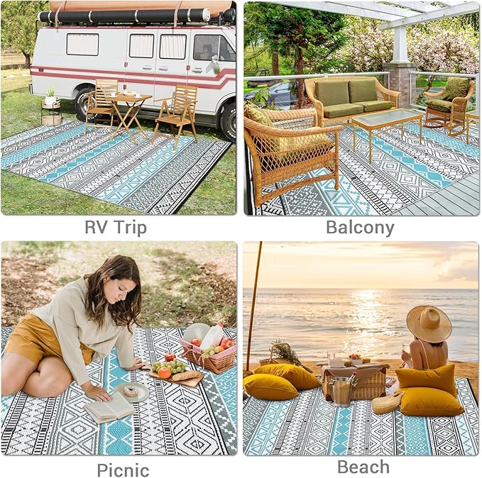 GAOMON Reversible Outdoor Rug 9'x18' Waterproof Plastic Straw Rug, Patio Rug, Large Modern Area Rug Carpet, Indoor Outdoor Rugs for Camping, Porch, Deck, Balcony, Backyard, Blue/Grey(Bohemia)