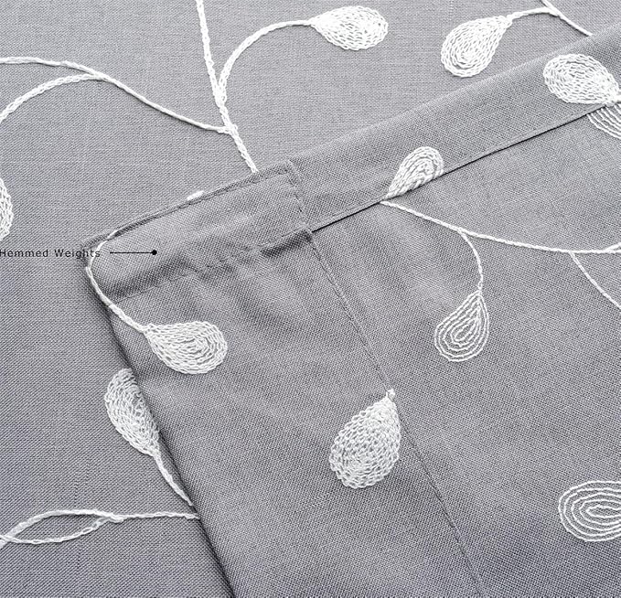 MIUCO Floral Embroidery Semi Sheer Curtains Faux Linen Grommet Curtains for Bedroom 52 x 63 Inch 2 Panels, Grey
