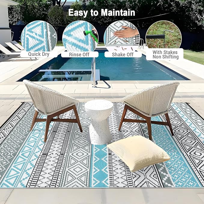 GAOMON Reversible Outdoor Rug 9'x18' Waterproof Plastic Straw Rug, Patio Rug, Large Modern Area Rug Carpet, Indoor Outdoor Rugs for Camping, Porch, Deck, Balcony, Backyard, Blue/Grey(Bohemia)