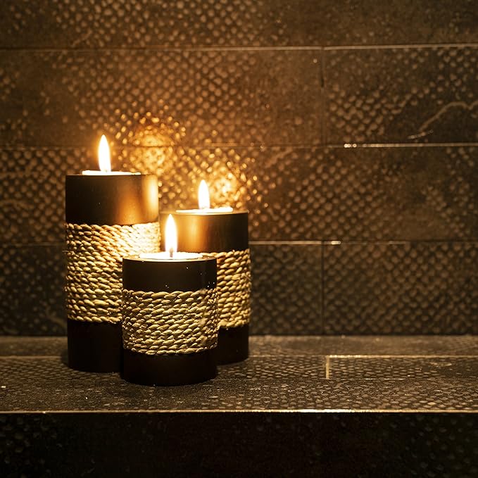 IYARA CRAFT Tealight Candle Holders with Tray – Set of 3 Handmade Wooden Candle Holders with Natural Rope Accent – Rustic Black Decor for Table Centerpiece, Office or Gift