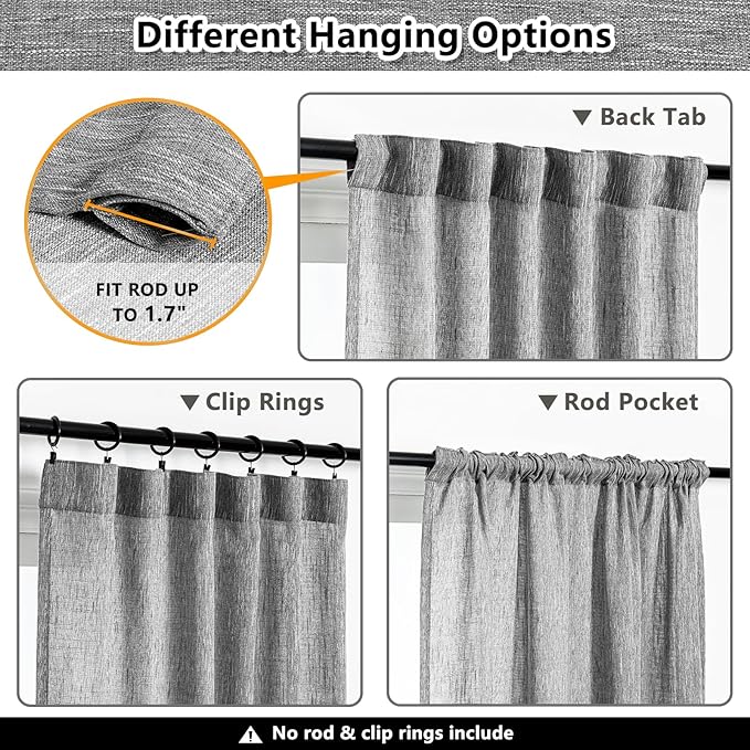 MYSKY HOME 95 Inch Curtains Farmhouse Light Filtering Privacy Curtain Drapes for Patio Door Living Room, Linen Look Texture Fabric Bohemian Draperies Soft Touch, 50x95, Dark Grey, 2 Panels