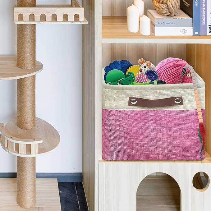 SIMPLE HOUSEWARE Large Fabric Storage Bin, 15" x 11" with Leather Like Handles, 3 Pack, Pink