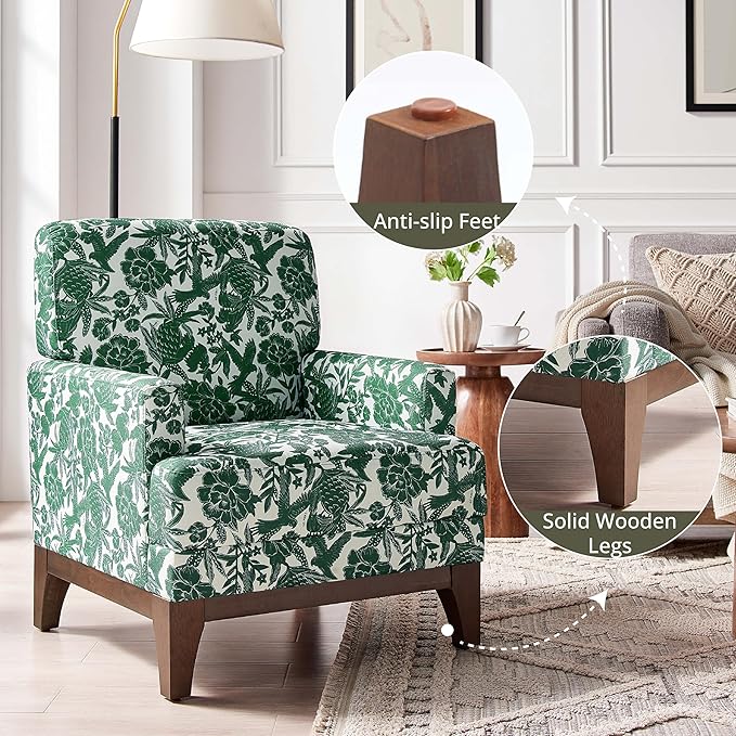 Floral Accent Armchair, Retro Wingback Upholstered Armchair with Wide Dipped Back Design and Wooden Legs, High Back Armchair, Leisure Single Sofa Chair for Living Room, Bedroom, Balcony, Green