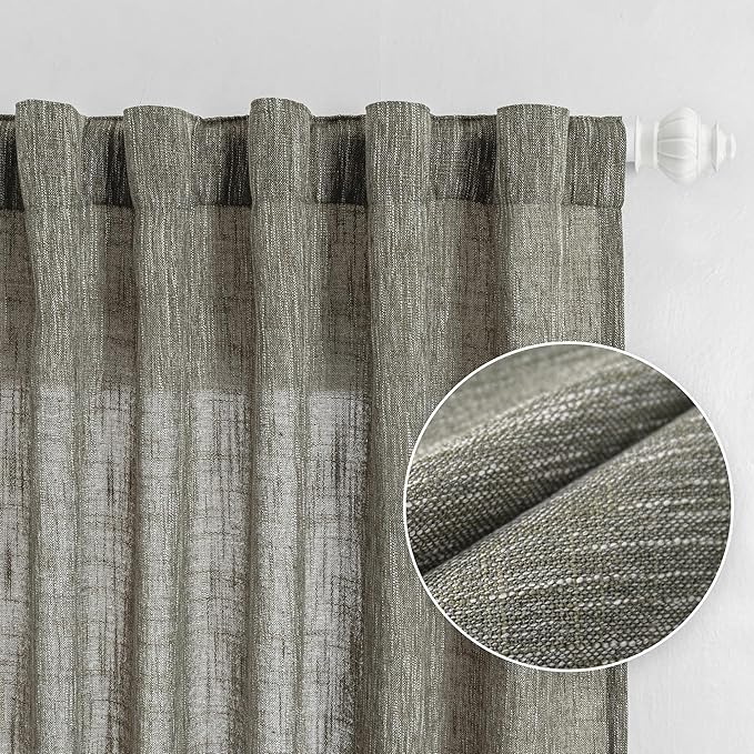 MYSKY HOME 95 Inch Curtains Farmhouse Light Filtering Privacy Curtain Drapes for Patio Door Living Room, Linen Look Texture Fabric Bohemian Draperies Soft Touch, 50x95, Olive Green, 2 Panels