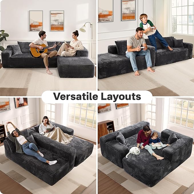 106" Cloud Sectional Couches for Living Room,Plush Corduroy Boneless Couch with Comfy Chaise,L Shaped Sofa in A Box No Assembly Require,Grey
