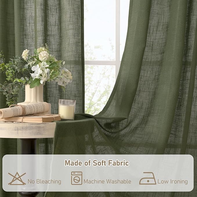 LAMIT Sheer Linen Curtains 102 inches Long, Linen Textured Light Filtering Semi Sheer Bronze Grommet Natural Boho Drapes for Living Room/Farmhouse, 2 Panels, Olive Green, 52 x 102 Inch