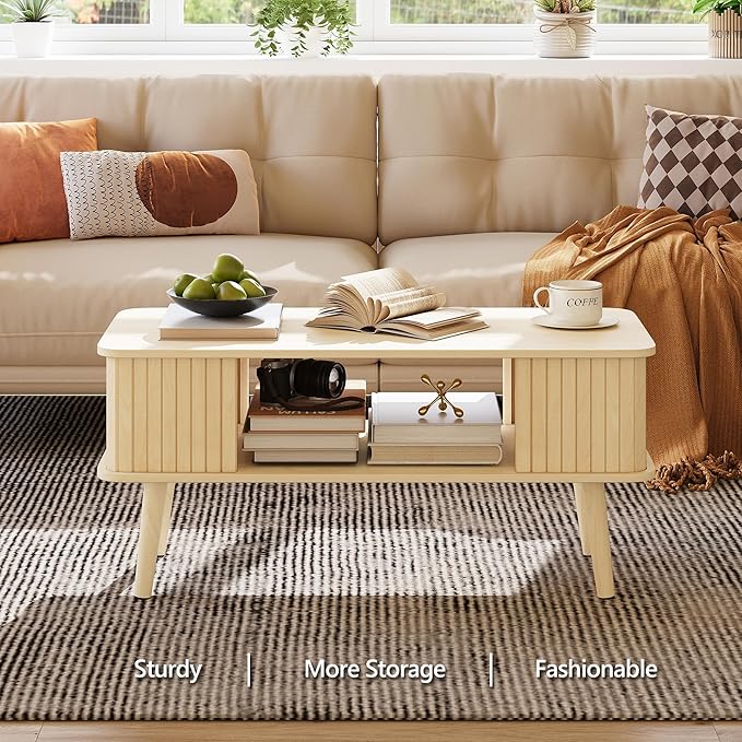 LAZZO Coffee Table with Storage Center Table for Living Room Rectangle Coffee Table with Rounded Edges,Easy Assembly, Natural Wood