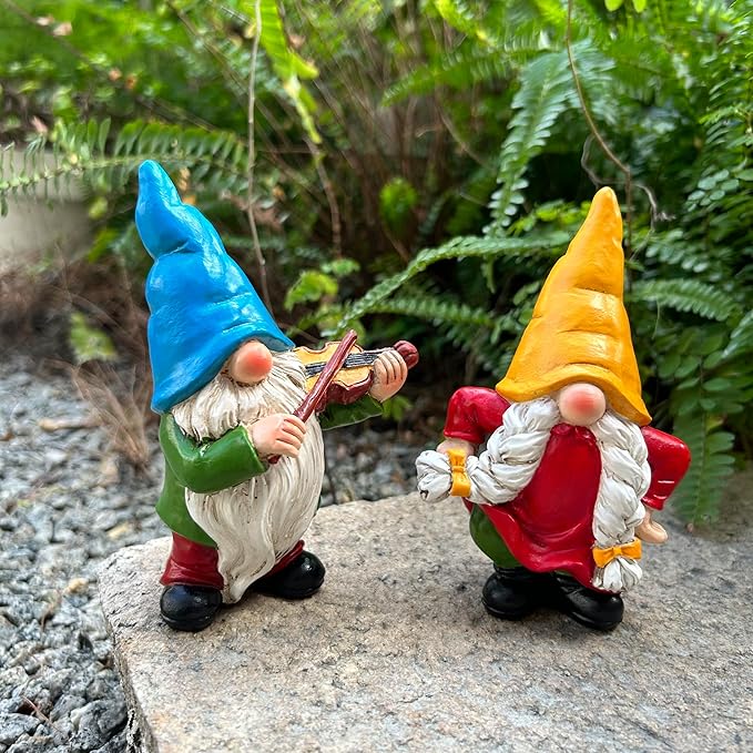 Garden Gnome Duo Decorative Figurines 5.5“ Ornament for Indoor Outdoor Home Garden Decor,Musical Violin Player and Dancing, Colorful Outdoor Statues, Set of 2