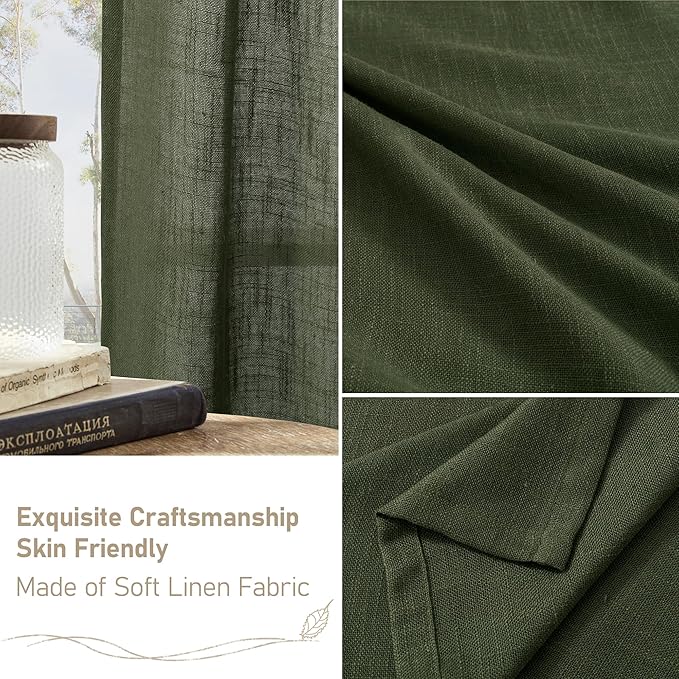 LAMIT Sheer Linen Curtains 102 inches Long, Linen Textured Light Filtering Semi Sheer Bronze Grommet Natural Boho Drapes for Living Room/Farmhouse, 2 Panels, Olive Green, 52 x 102 Inch