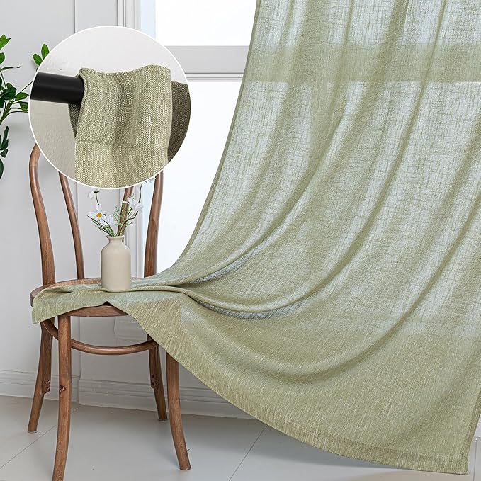 MYSKY HOME Patio Sage Curtains for Sliding Door, Living Room Curtains & Drapes Soft Farmhouse Window Treatments 90 inch Length 2 Panels Set Linen Look Semi Sheer Draperies, 50" W x 90" L, Sage Green