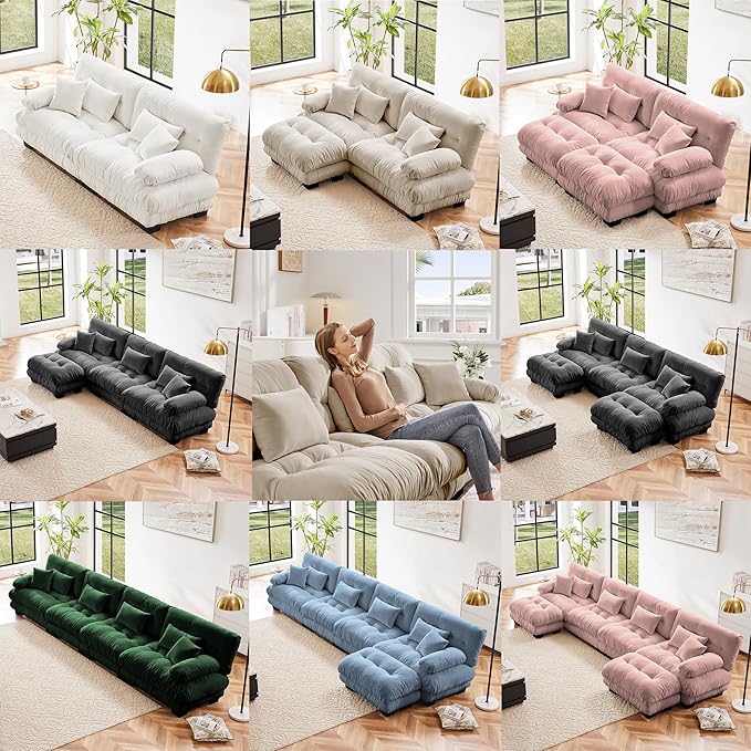 Modular Sectional Sofa, Comfy Cloud Couch 3 Seater Couch, Sectional Couches for Living Room, Modern Chenille Oversized Couches for Bedroom, Sleeper Deep Seat Sofa with Throw Pillows, Blue