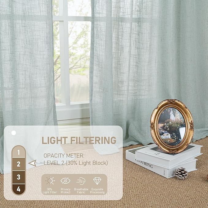 LAMIT Short Linen Curtains 36 Inch Length for Half Window, Semi Sheer Light Filtering Panels Bronze Grommet Drapes for Basement/Kitchen, Greyish Blue, 2 Panels, 34 x 36 Inch