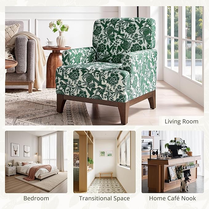 Floral Accent Armchair Set of 2, Retro Wingback Upholstered Armchair with Wide Dipped Back Design and Wooden Legs, High Back Armchair, Leisure Single Sofa Chair for Living Room, Bedroom, Green