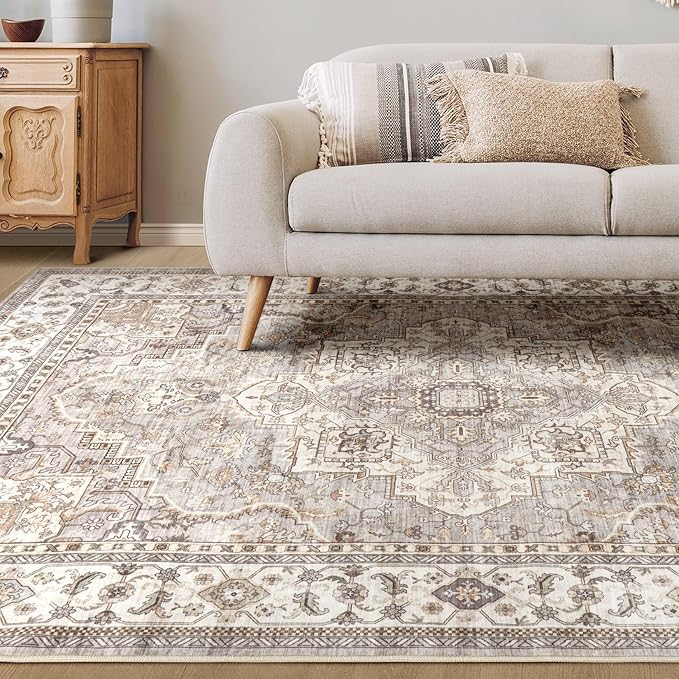 Washable Area Rugs for Living Room - 9x12 Neutral Vintage Distressed Floral Farmhouse Boho Large Soft Floor Rug Indoor Non Slip Carpet for Bedroom Dining Room Office - Grey Brown