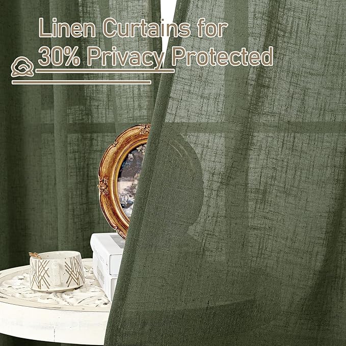 LAMIT Sheer Linen Curtains 102 inches Long, Linen Textured Light Filtering Semi Sheer Bronze Grommet Natural Boho Drapes for Living Room/Farmhouse, 2 Panels, Olive Green, 52 x 102 Inch