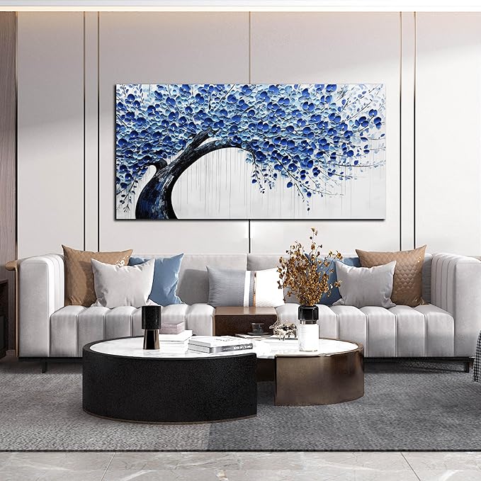 Large Wall Art for Living Room Bedroom Home Office Blue Tree of Life Wall Art Floral Picture Framed Wall Decor Modern Canvas Prints 29x59 In