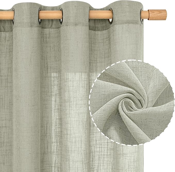 LAMIT Sage Grey Sheer Linen Curtains 54 Inch Length for Bedroom, Bronze Grommet Light Filtering Panels Neutral Drapes for Living Room/Window, 2 Panels Set, 52 x 54 Inch