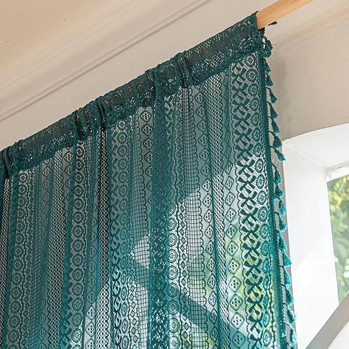Sutuo Home Turquoise Boho Curtains for Bedroom Living Room,Crochet Lace Sheer Bohemian Stylish with Tassels, Window Treatment Privacy Vintage Rustic Farmhouse Drapes, Rod Pocket 1 Panel 59" W x 102" L