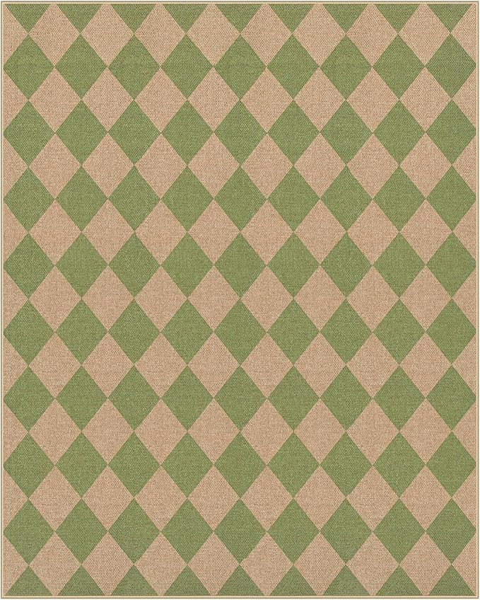 Lahome Checkered Dining Living Room Rug, 8x10 Washable Indoor Outdoor Easy Jute Rug, Farmhouse Neutral Diamond Non Slip Non Shedding Floor Carpet for Sunroom Deck Classroom Office