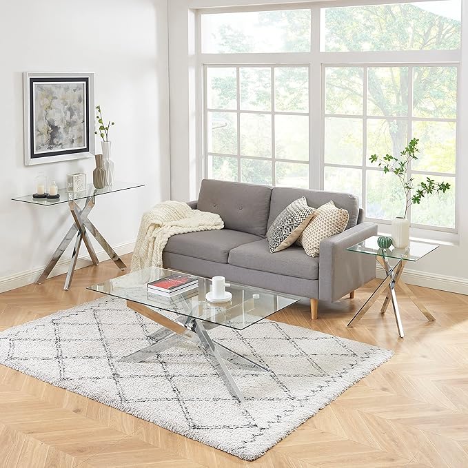 Modern Style Square Side Table with Tempered Glass Top and Metal Tubular Legs, Silver 20”Dx20”Wx22”H