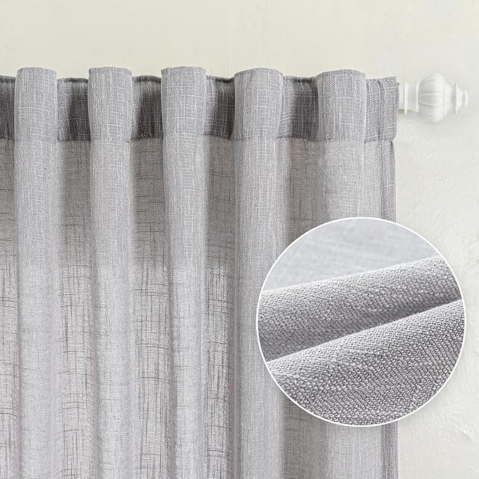 MYSKY HOME Short Curtains for Small Window, Boho Sheer Curtains 2 Panels Set Window Treatment Drapes Linen Style Texture for Closet/Kitchen, 50"x63", Light Grey, 2 PCs