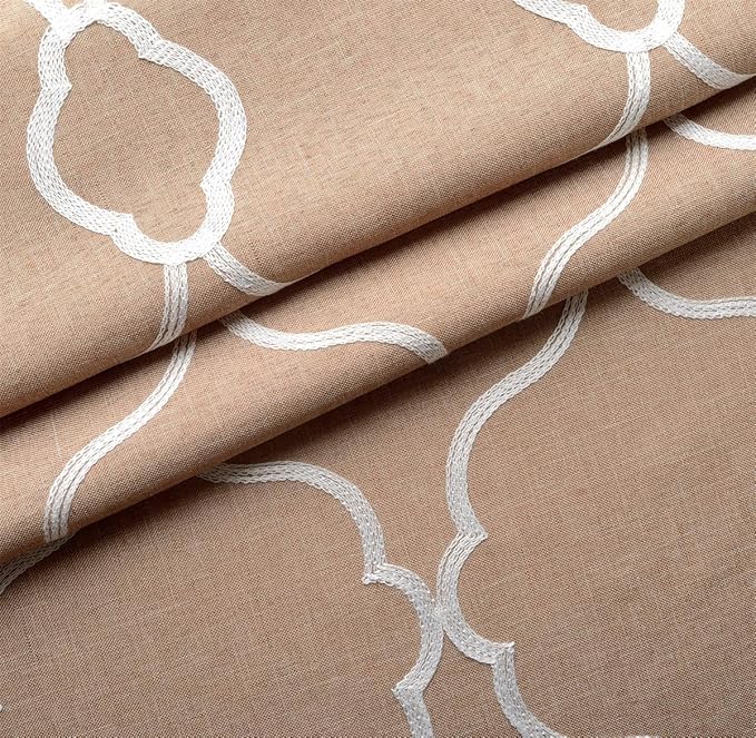 MIUCO Moroccan Embroidered Semi Sheer Curtains Faux Linen Wide Width Grommet Curtains for Bedroom 52 x 63 Inch 2 Panels, Taupe