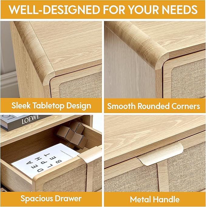 LEVNARY Nightstand with Charging Station, Mid-Century Modern Bedside Table with Curved Top Corners and Fabric-Like Textured Drawer, Wooden End Table for Farmhouse Bedroom Living Room (1, Natural)