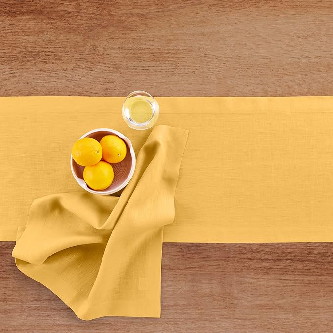 Solino Home Linen Mustard Yellow Table Runner 48 Inches - 100% Pure Linen Farmhouse Short Table Runner 14 x 48 Inch Ideal for Dresser and Coffee Tables - Fete