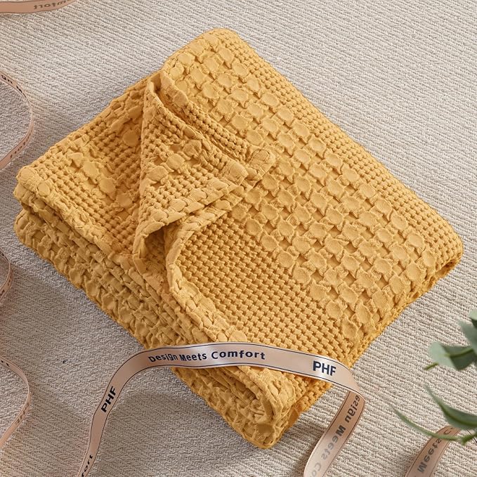 PHF 100% Cotton Waffle Weave Throw Blanket, Soft Lightweight Breathable Cozy Summer Throws for Couch Bed Sofa, Luxury Aesthetic Woven Blanket for Home Decor & Office, 50"x60", Ginger/Honey Yellow