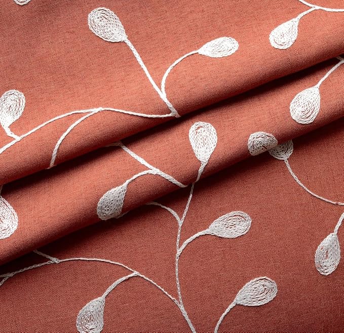 MIUCO Floral Embroidery Semi Sheer Curtains Faux Linen Grommet Curtain Panels for Kids Room 52 x 84 Inch 2 Panels, Rust