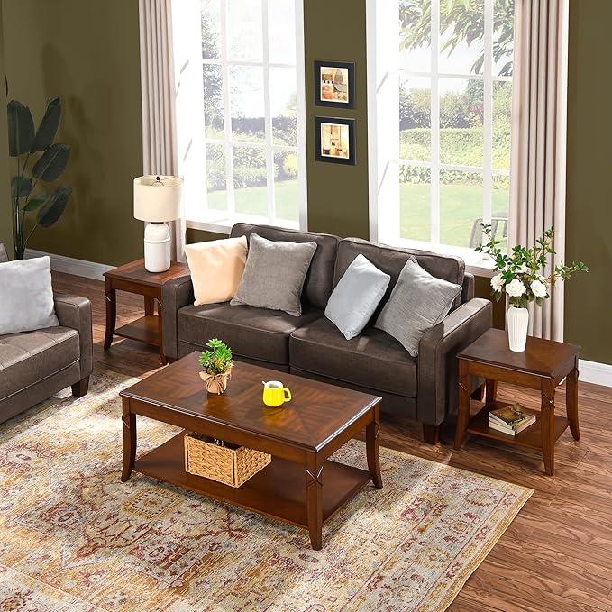 Solid Wood Coffee Table with Storage Shelf, Mid-Century Living Room Tables with Carved Tabletop and Leg, 43.3” Splicing Cocktail Center Sofa Table, Cherry Brown KFZ-DR200
