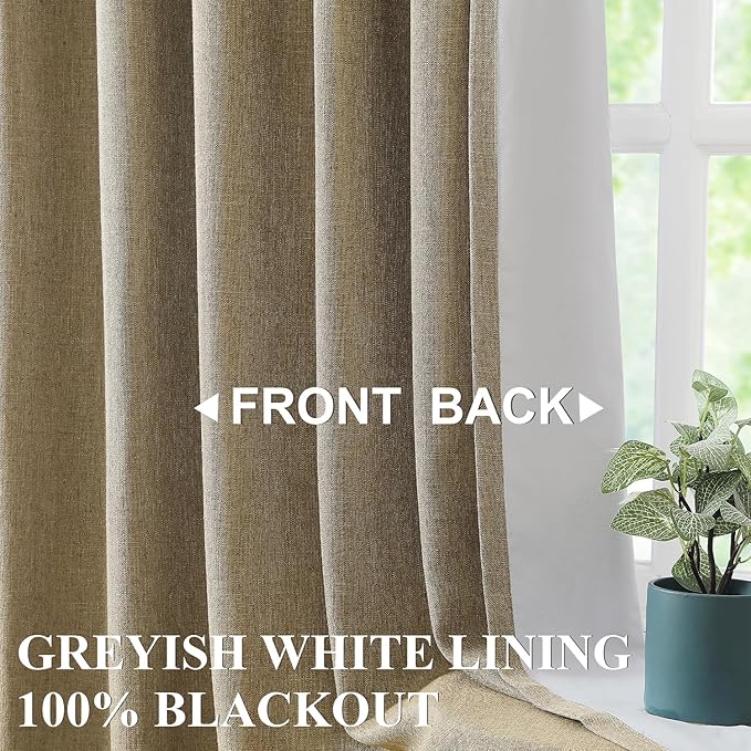 Vision Home Brown Pinch Pleated Full Blackout Curtains Linen Blended Room Darkening Window Curtains 63 inch for Living Room Bedroom Thermal Insulated Pinch Pleat Drapes with Hooks 2 Panel 40" Wx63 L