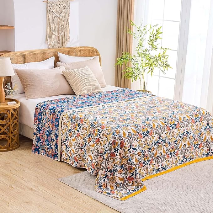 Boho Blanket Throw Quilt, 100% Cotton Soft Light Weight Throw Blankets for Summer, 90"x98" Farmhouse Flower Decorative Blankets, All Season Rustic Reversible Bohemian Throw Quilt