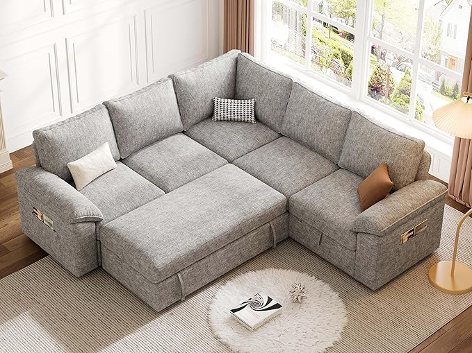85 Inch Modular Sectional Sofa with Pull Out Bed,L Shaped 5 Seat Sectional Sleeper Sofa with Storage,Sectional Couches for Living Room,Cloud Modular Couch,Removable Sofa Cover,Light Gray