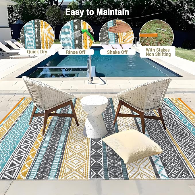 GAOMON Reversible Outdoor Rug 9'x18' Waterproof Plastic Straw Rug, Patio Rug, Large Modern Area Rug Carpet, Indoor Outdoor Rugs for Camping, Porch, Deck, Balcony, Backyard, Teal/Yellow(Bohemia)