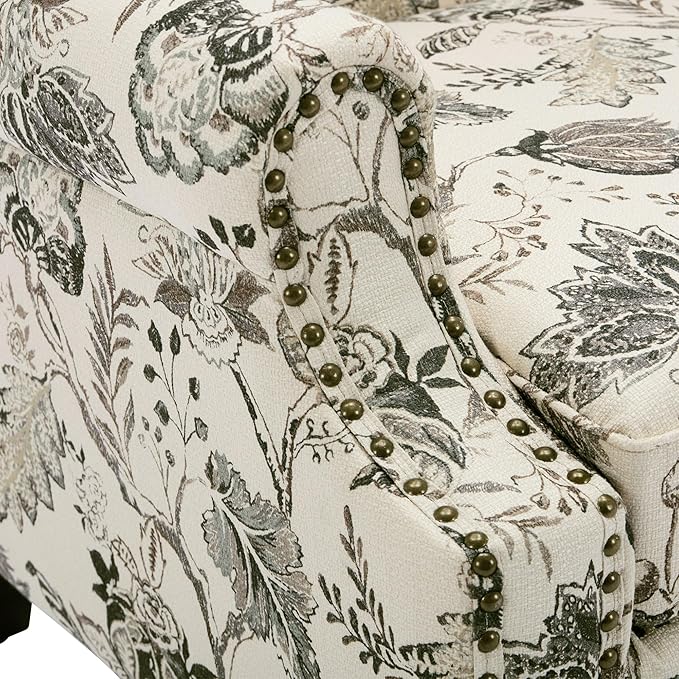 UIXE High Back Floral Accent Chairs Set of 2, Upholstered Armchair in Fabric, Retro Printed Wingback Arm Chair for Living Room, Nailhead Trim Single Sofa Bedroom Reading Seat - Plants Beige