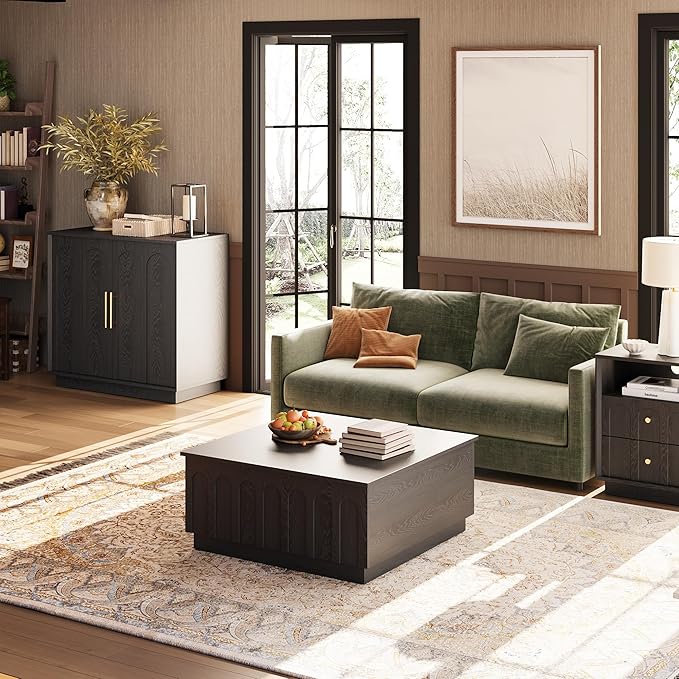 Lift Top Coffee Table with Storage, Modern Coffee Table with Arched Design, 31.5" Square Tea Table with Wood Grain, Minimalist Multifunctional Center Table for Living Room, Office, Black