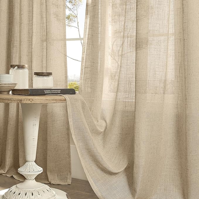 LAMIT Kitchen Linen Curtains 40 Inch Length, Soft Thick Light Filtering Bronze Grommet Window Textured Neutral Sheer Drapes for Cafe/Window/Loft Room, 2 Panels, 34 x 40 Inch, Brown