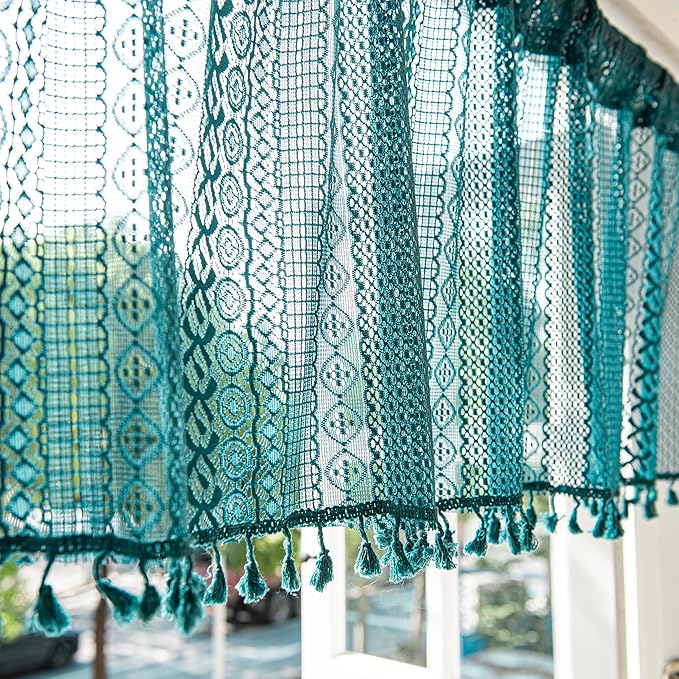 Sutuo Home Boho Valance Tier Curtains Crochet Lace Sheer Bohemian Hollow Knitted with Tassels, Privacy Vintage Rustic Farmhouse Drapes for Kitchen, Rod Pocket 1 Panel 59" W x 36" L, Turquoise