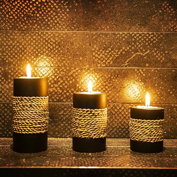 IYARA CRAFT Tealight Candle Holders with Tray – Set of 3 Handmade Wooden Candle Holders with Natural Rope Accent – Rustic Black Decor for Table Centerpiece, Office or Gift
