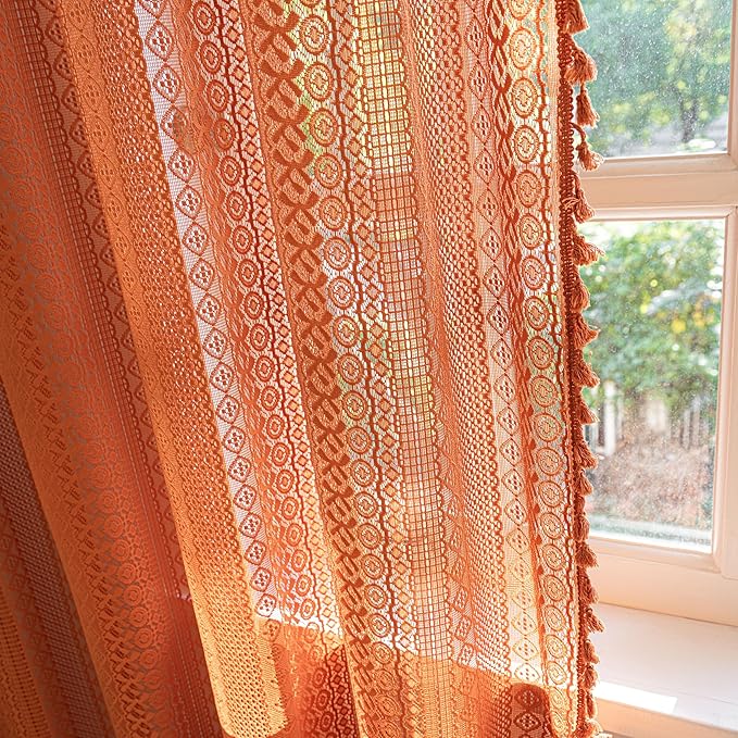 Sutuo Home Boho Curtains for Bedroom Living Room Dining Room, Crochet Lace Sheer Bohemian Country Tassels,Window Treatment Drapes for Halloween Decor, Rod Pocket 1 Panel 59" W x 120" L, Orange