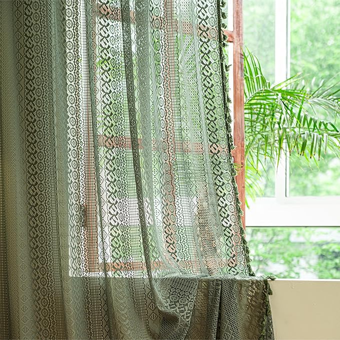 Sutuo Home Olive Green Boho Curtains 96 inches Long for Living Room Bedroom,Crochet Lace Sheer Bohemian Hollow Knitted Handmade Tassels, Vintage Farmhouse Xmas Decor, 1 Panel 59" W x 96" L