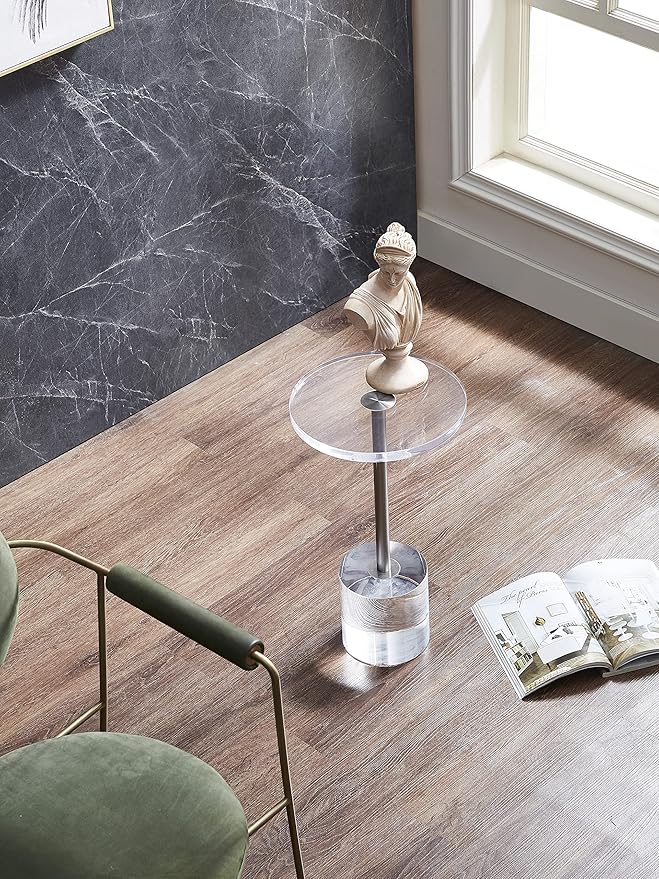 Clear Acrylic End Table,Side Table,Brushed Silver Metal,Round,for Office, Living Room and Bedroom,Easy Assembly,12x12 inch,21.3 inch high