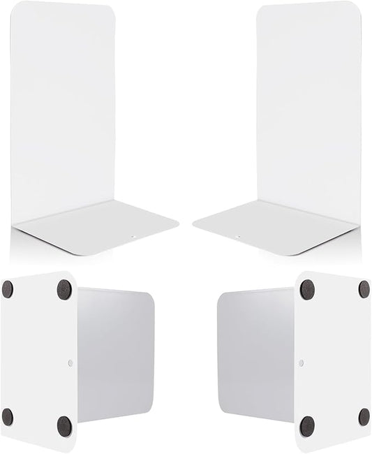 VONDERSO Metal Bookends White, 2 Pairs Metal Bookends Heavy Duty for Shelves Decor Home Office, Unique White Book Ends Supports Anti-Slip for Kids Girls