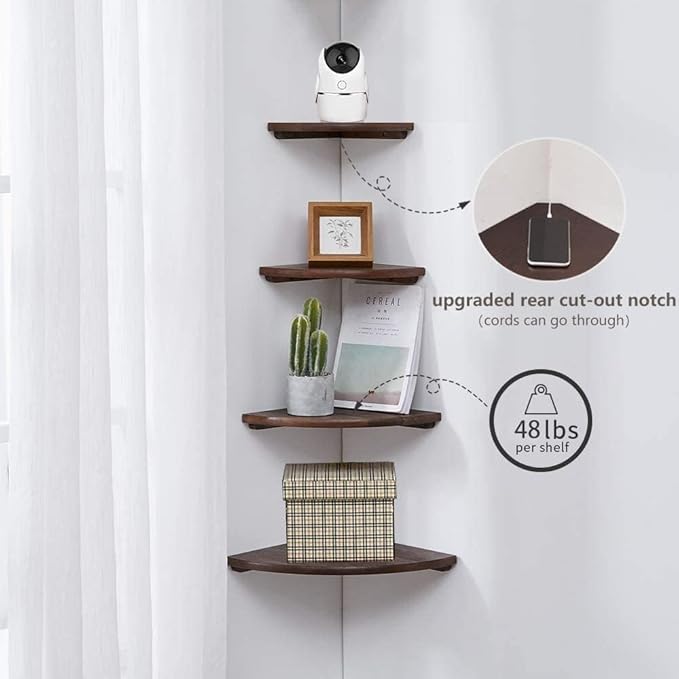 Corner Shelf, Solid Oak Wood Floating Corner Shelf Wall Mount Round End Floating Speaker with Wire Hole for Small Plant Photo for Bedroom Kitchen, Living Room Walnut