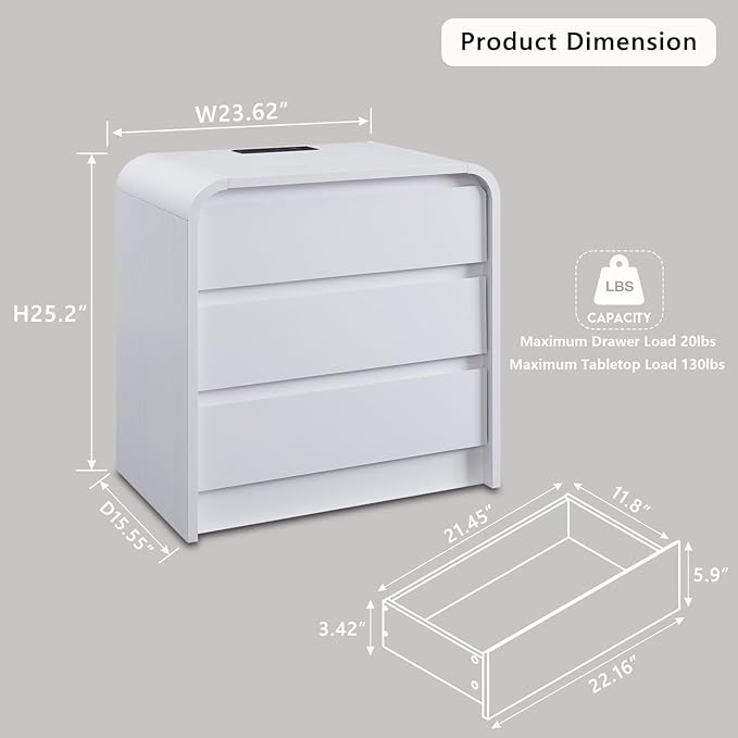 25" Tall Modern Nightstand with Charging Station, 23.6'' Wide Wood Bedside Table w/3 Storage Drawers, Small Dresser w/Curved Profile Design, End Table for Bedroom, White