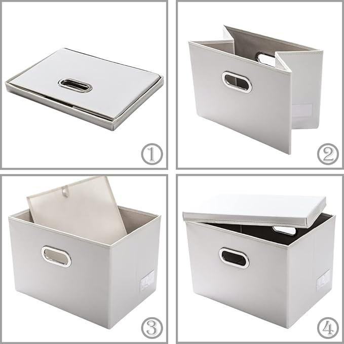 PRANDOM Large Stackable Storage Bins with Lids [3-Pack] Leather Fabric Foldable Storage Boxes Organizer Containers Baskets Cube with Cover for Bedroom Closet Office Nursery White (17.7x11.8x11.8)